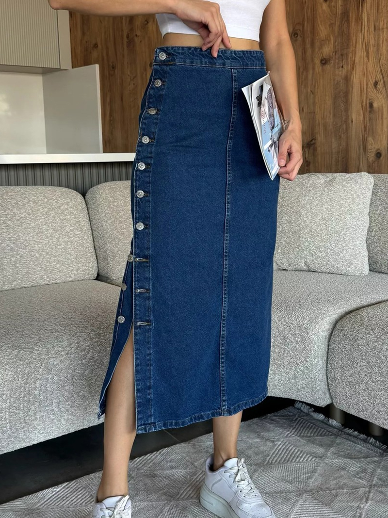 Yandan Düğmeli Kot Etek